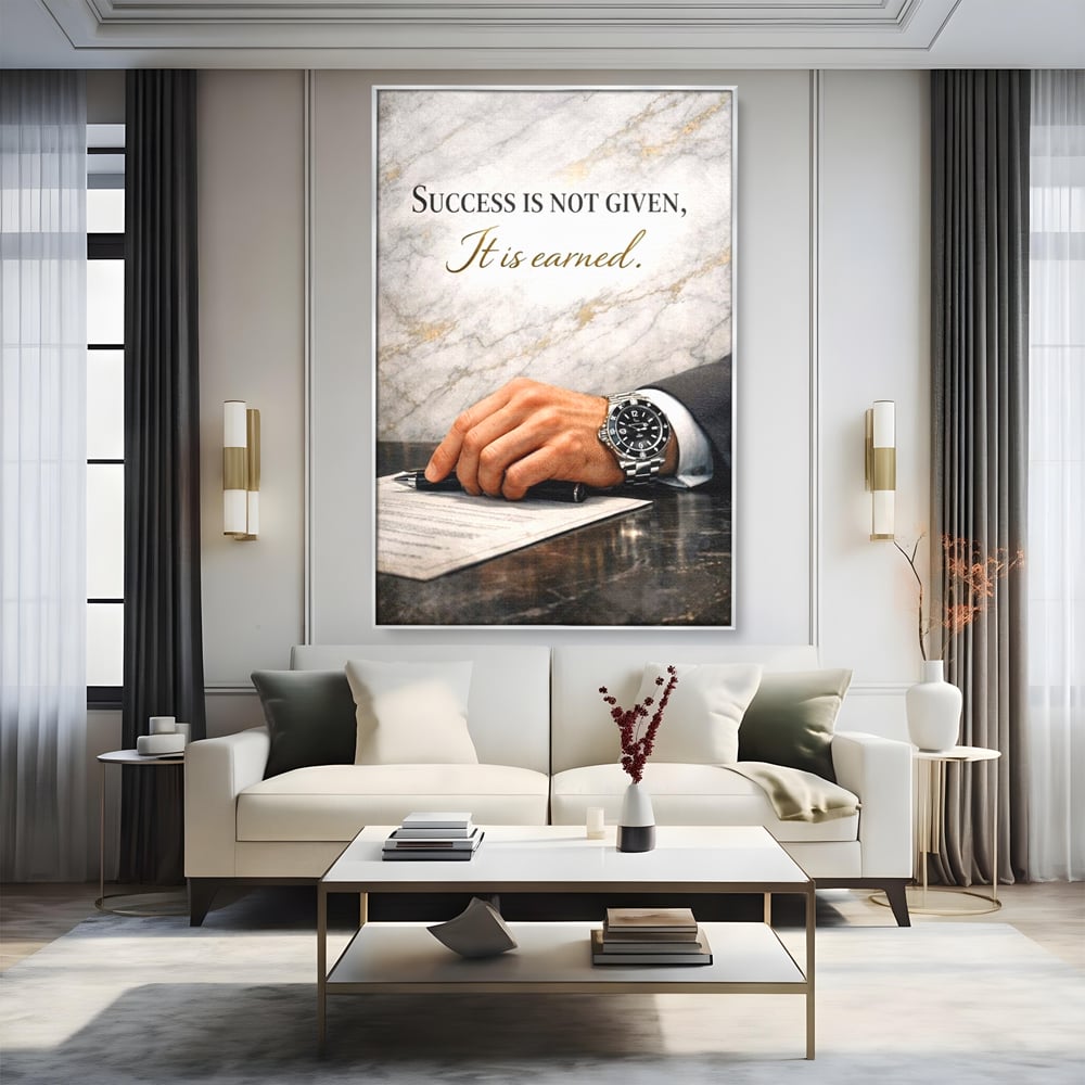 Tablou canvas cu tablou canvas cu citat motivational si mana cu ceas, in rama de aluminiu argintiu, pe perete intr-un living